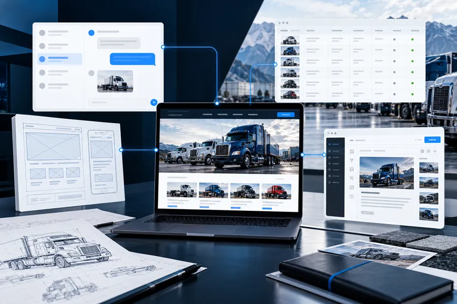 Connected customer work, inventory, website planning and publishing around a truck dealership site