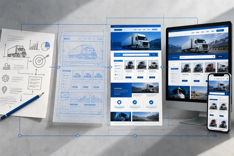 Truck dealership website developing from planning sketch through wireframe to responsive finished site