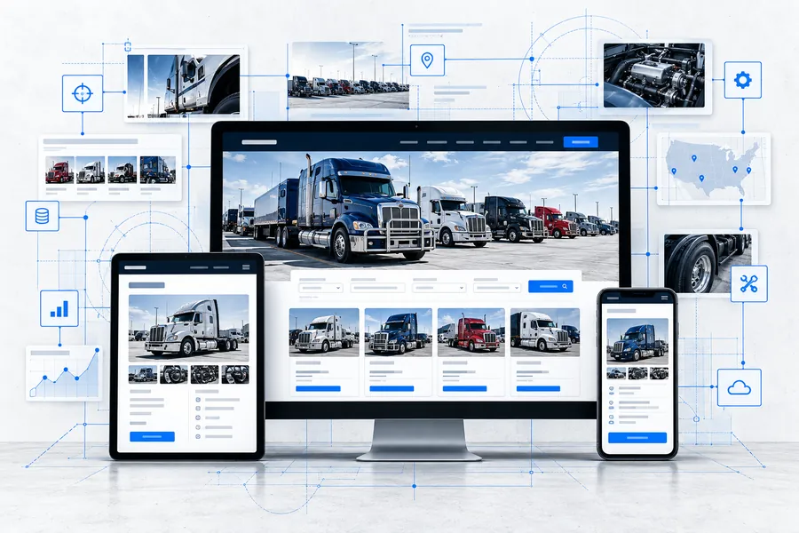 Truck dealership website across desktop, tablet and phone, connected to inventory and content