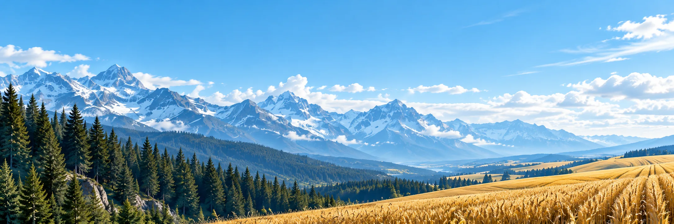 Mountain landscape transitioning to golden prairie fields