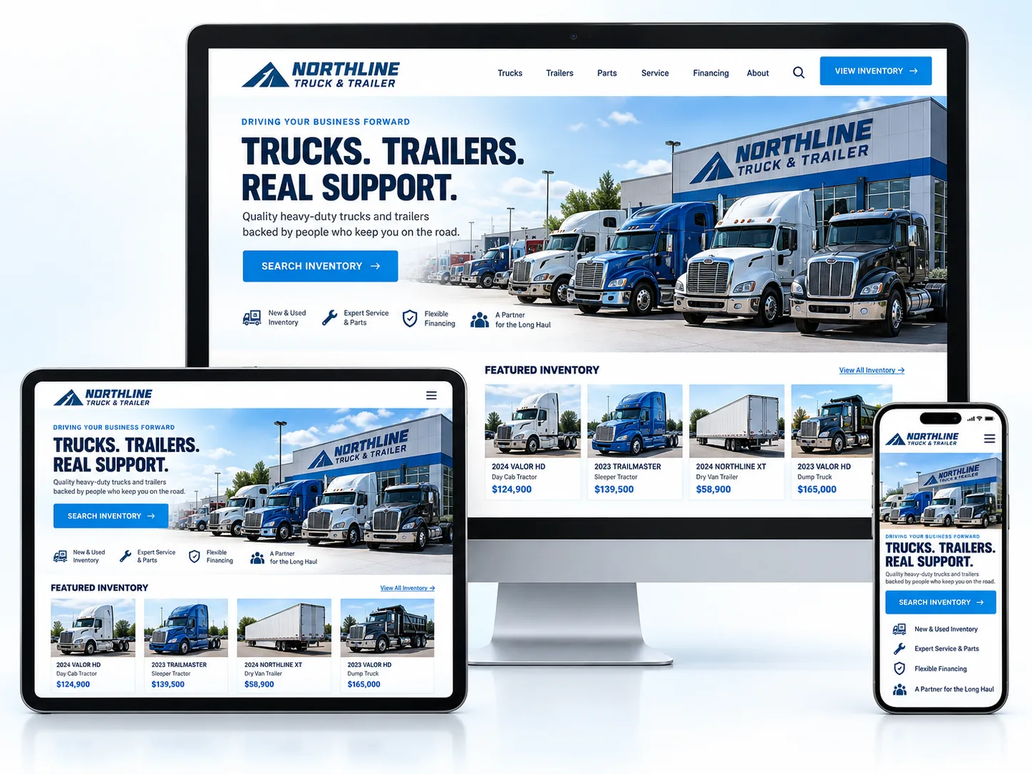 Fictional Northline Truck and Trailer website shown on desktop, tablet and mobile